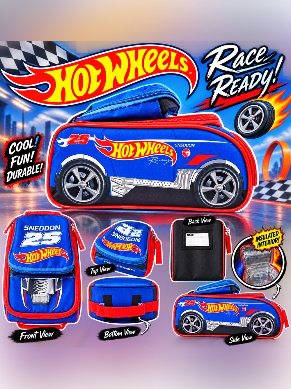 Hot Wheels Sneddon #25 Racing Insulated Kids Lunch Box Blue Red NWT